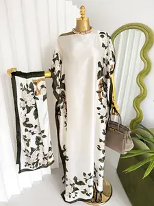 Minimalist Resort Vibe Breathable White Botanical Maxi Dress Elegant Floral Loose-Fit Kaftan & Turban Set
