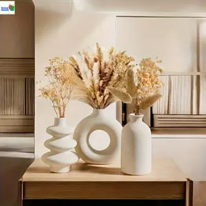3pcs Bohemian Ceramic Vases - White Round & Twisted Designs with Natural Floral Arrangements, Ideal for Home Decor, Wedding, Living Room, Bedroom, Café Display, Event Decoration| Bohemian Style| Elegant Ceramic Vases Retro High-Waist Wide-Leg Insulated Ne