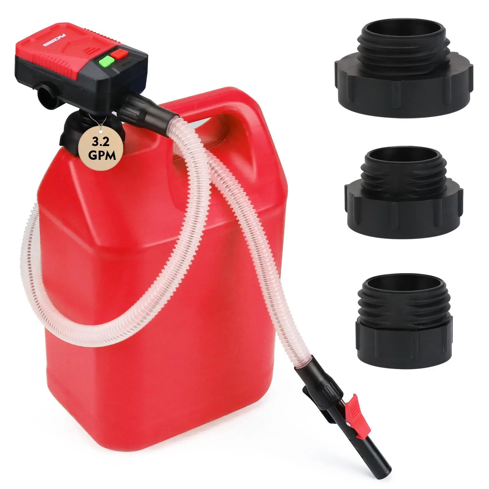 SEDY Automatic Transfer Pump with Auto-Stop Sensor, 3.2 GPM Efficient Flow, Portable Design, 3 Fuel Can Adapters, 4.6cm/1.8in Size, 4 AA Batteries, Durable Hose - Tools & Hardware Accessory for Emergency Situations, Gas Stations, Cars