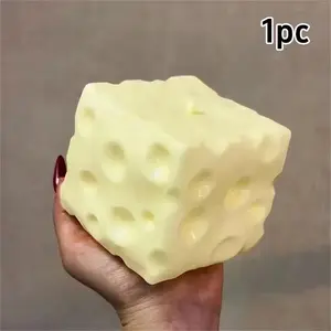 7cm Giant Cheese Cube Squeezing Ball, TPR Ultra-Thin Cheese Flour Plastic Kneading Toy with Music, Stainless Steel Mercury Prop Stress Relief Toy for Room Decoration