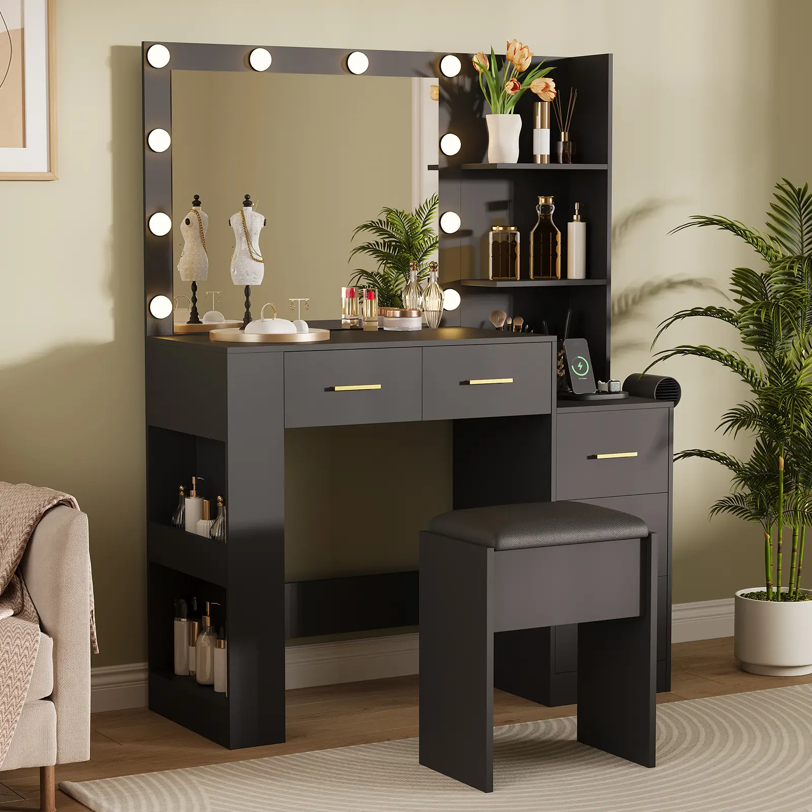 41" Large Lighted Makeup Vanity Desk with 10-Bulb Mirror, 3 Color Lighting Modes, Built-in Outlets, 5 Drawers & Soft Cushioned Stool - LED Makeup Vanity with Lights for Bedroom