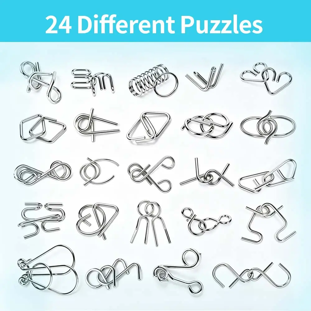 Metal Brain Teaser Puzzle Set, 24 Pack IQ Logic Puzzles for Kids & Adults, Stainless Steel Disentanglement Puzzle Game, Fidget Stress Relief Desk Toy, Creative Gift