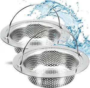 2 Pack Kitchen Sink Drain Strainer with Handle, Stainless Steel Large Kitchen Sink Drain Basket  Catcher, 4.5 inch Diameter, Rust Free