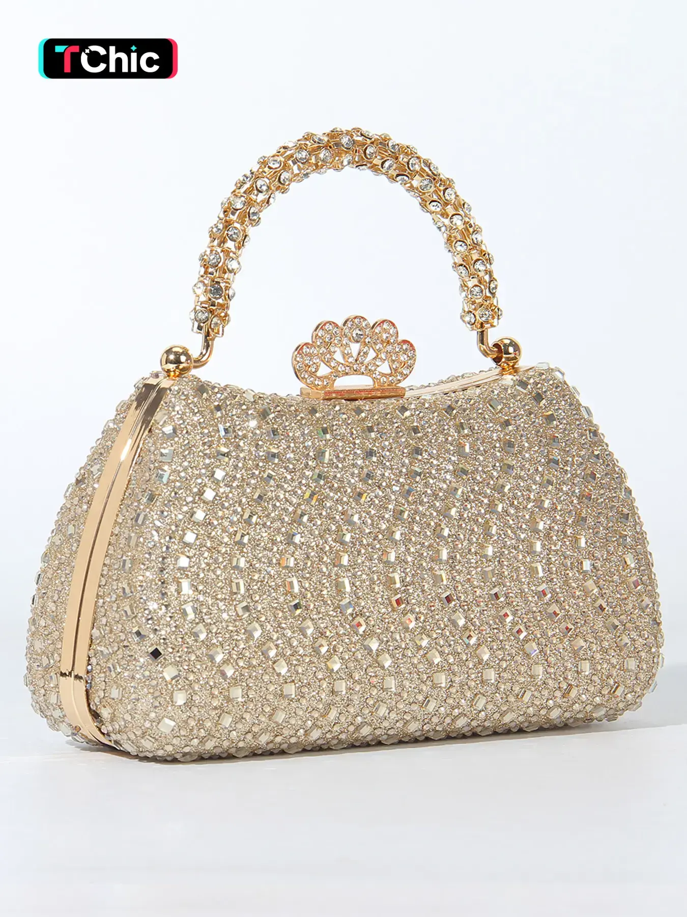 Full-Diamond Women's Evening Clutch Bag, Fashionable Embellished Clutch, Strass-Handle Design Flower-Shaped Diamond-Studded Lock Clasp Includes Shoulder Strap for Crossbody Wear Ideal for Formal Occasions Rhinestone Bag, Evening Purse