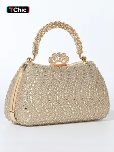 Full-Diamond Women's Evening Clutch Bag, Fashionable Embellished Clutch, Strass-Handle Design Flower-Shaped Diamond-Studded Lock Clasp Includes Shoulder Strap for Crossbody Wear Ideal for Formal Occasions Rhinestone Bag