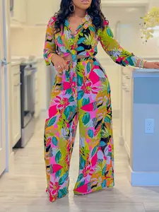 Two-Piece Set Women's All Over Print Button Front Tie Front Crop Shirt & Wide Leg Pants, Casual Long Sleeve Collared Top & Elastic Waist Trousers for Spring & Fall, Valentine's Day Gift, Fashion clothes set, Outfit Sets for Women