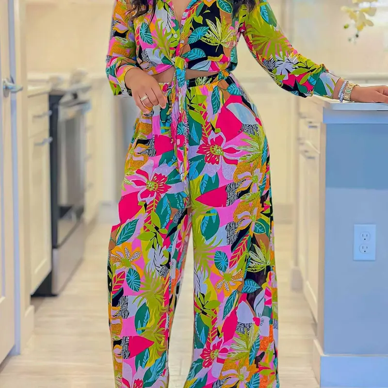 Two-Piece Set Women's All Over Print Button Front Tie Front Crop Shirt & Wide Leg Pants, Casual Long Sleeve Collared Top & Elastic Waist Trousers for Spring & Fall, Valentine's Day Gift, Fashion clothes set, Outfit Sets for Women