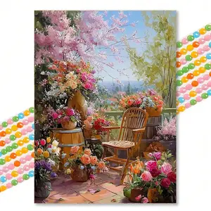 Romantic Balcony Flower Sea Landscape Diamond Painting, Oil Painting Style Round Drill Unframed 30x40cm Bedroom Hallway Wall Art Decor