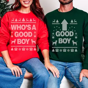 Matching Couples Ugly Christmas Sweatshirts, Funny Holiday Sweatshirts, Who’s a Good Boy and Good Boy Christmas Sweater
