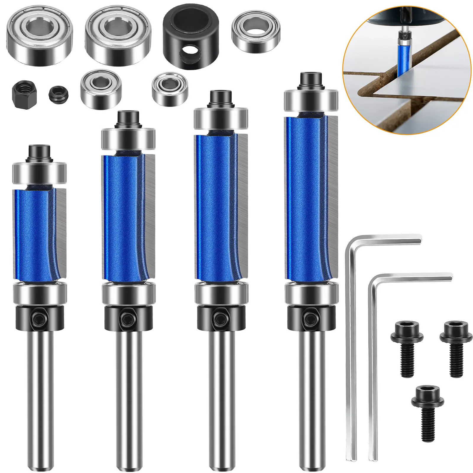 4Pcs Top and Bottom Bearing Flush Trim Router Bits Set - 1/4 Inch Shank Pattern Flush Trim Cut Router Bits, 1/2 Inch Cutting Diameter, 3/4", 1", 1-1/4", 1-1/2" Inch Cutting Length for Precise Edge Trimming & Grooving
