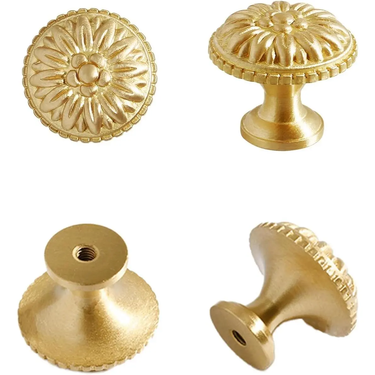 4 count  Brass Drawer Knobs - Solid Copper -  Antique Flower Round Brushed  Solid Brass Drawer Cabinet Dresser Knob Pull Handle