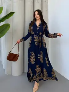 Women's Deep Blue & Gold Floral & Geometric Print Long Dress, Belted Shirt Dress, Fitted, Long Sleeve, Elegant Abaya Style, Suitable for Ramadan, Elegance