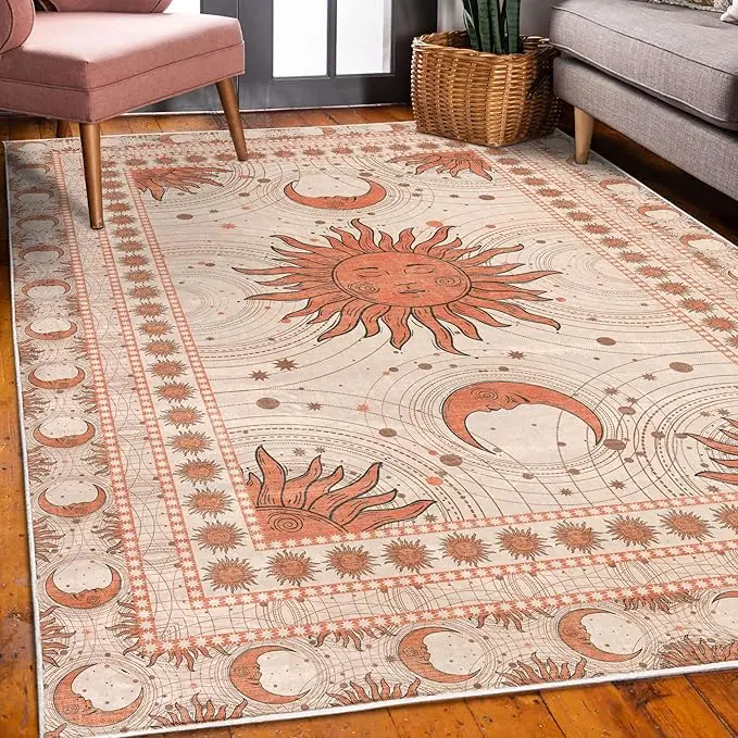 Bohemian Sun-Moon Decorative Rug, Machine Washable Quality Carpet with Crescent Solar, Esoteric Stars Artwork, for Bedroom and Living Room, Burnt Sienna, Machine Washable Rug