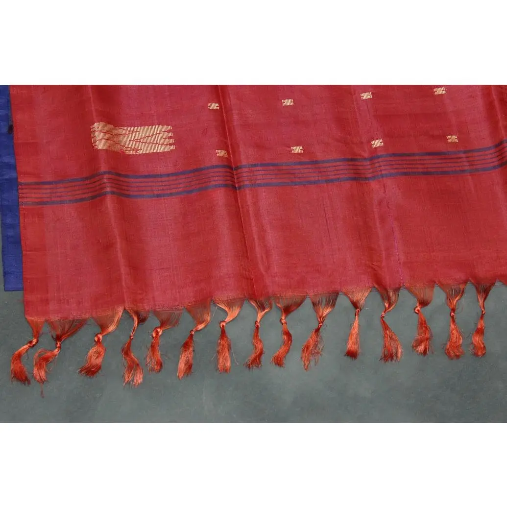 Women's Handwoven Borderless Vaazhai Naar (Banana Pith) Weave Saree - Red with Blue Pallu, Navy Stripe Detailing, Butta Motifs, Lightweight Drape, Hand-Twisted Tassel Fringe, Traditional Look, Ships from USA