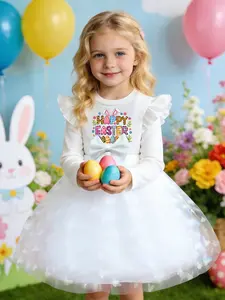 Girls Long Sleeve Dress White Butterfly Mesh Tulle Dress Easter Bunny Eggs Print, Easter Theme Holiday Dress Princess Dress Casual Easter Party Kids Performance Costume Crew Neck Pullover Dress Spring Summer Daily School Wear