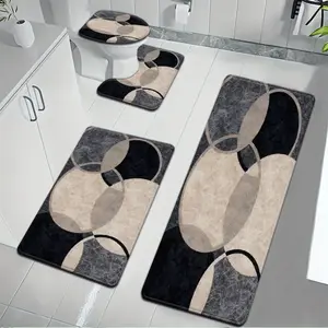 3pcs/4pcs Minimalist American Bohemian Style Black And White Floral Pattern Circle Design Bathroom Mat Water Absorbent, Non Slip Absorbent Soft Microfiber Bathroom Mats with Toilet Lid Cover & Contour Rug