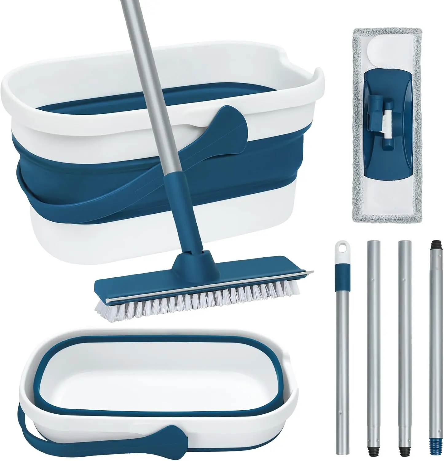 Collapsible Mop and Bucket Cleaning Set with Flat Mop, Scrub Brush & Washable Microfiber Pad for Home Floors