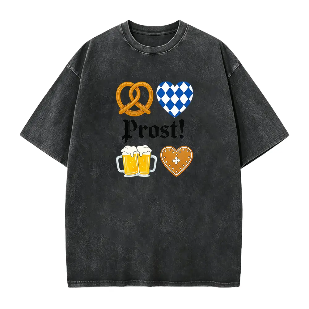 Casual Style Women's T-Shirt Oktoberfest Themed with Pretzel Beer Mugs Heart And Bavarian Flag Prost Text for Festival Season Gift for Friends And Family