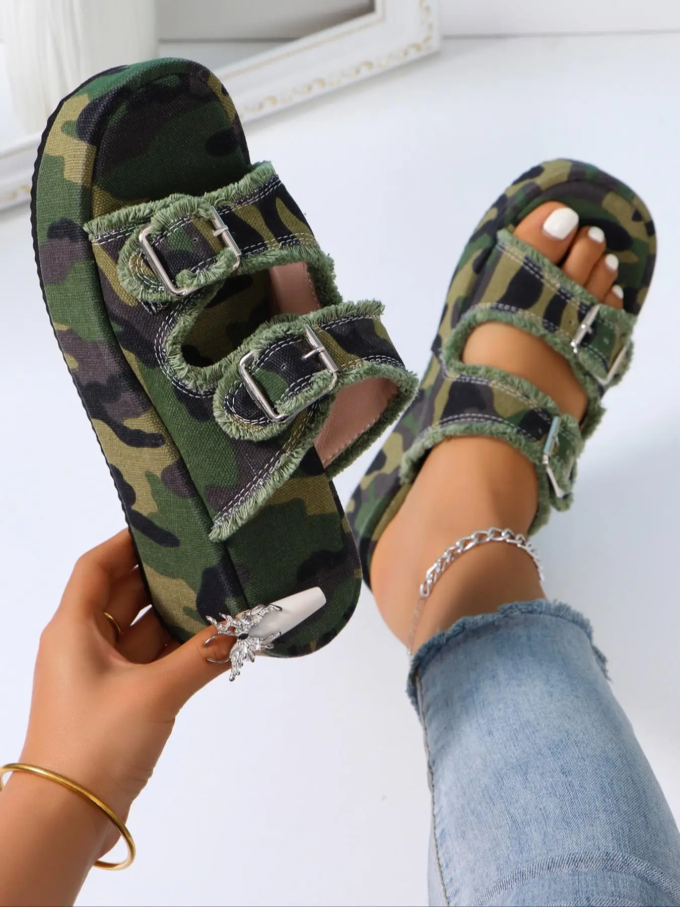 Women's Camouflage Print Platform Wedge Sandals, Elevated Double Strap Sandals, Casual Comfortable Slide for Beach, Luxury Designer Bohemian Platform