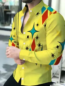 Men's Fashionable Long Sleeve Collared Yellow Geometric Shirt Casual printed