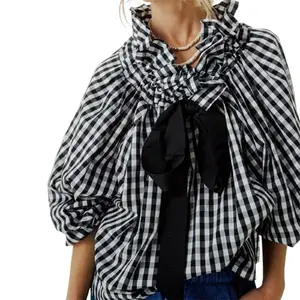 Womens Ruffle Mock Neck Blouses Y2k Ribbon Bow Tie Tops Stripe Babydoll Long Puff Sleeve Shirts Going Out Tops