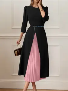 Women's Elegant Colorblock Dress, Round Neck Seven-Quarter Sleeve, Waist Cinched Pleated Hem, Long Sleeve, All Seasons, Commute Wear