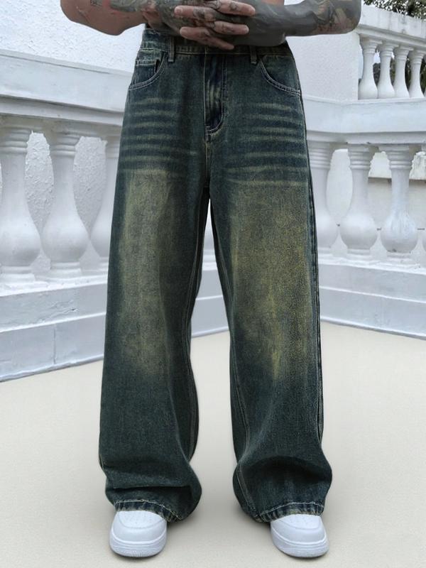 Men's Vintage Washed Denim Jeans, Basic Loose-Fit Wide-Leg Style, American Streetwear Trendy Look, Cotton Fabric, All Seasons