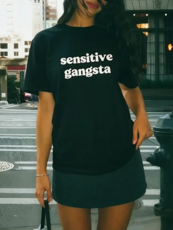 Women's Black Cotton Short-Sleeve T-Shirt - Minimal Retro Text Graphic, Loose Fit, Breathable, Confident Baddie Style, Simple Essential Fashion for Weekend Dates, Shortsleeve
