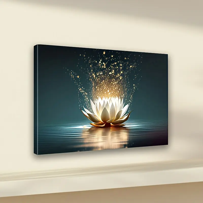 1 Piece Modern Abstract Luminous Lotus Canvas Wall Art - Relief Leaves and Ink Printing, Flat Zen Home Decoration, Suitable for Living Room, Bedroom, Office - Winter and Spring Season Theme, Meditation Space Decoration, High-Quality Artwork, Elegant Desig