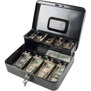 Locking Cash Box for Home Office and Business Use 11.81Lx 9.45Wx 3.54H Inches Black XL Large with Cash Tray and Key Money Saving Organizer