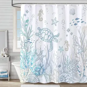Nautical Coastal Turtle Shower Curtain, Coral Starfish Seashell Ocean Themed Bathroom Curtain, Underwater Seahorse Blue Bathroom Decor, 72 x 72 inch