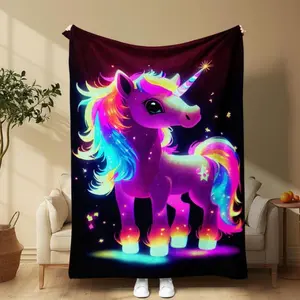 Soft Comfortable Funny Unicorn Pattern Throw Blanket Cozy Flannel Bedding for Home Office Travel Camping Warm Napping Gift for Girls Kids Colorful Aesthetic Couch Bed Blanket