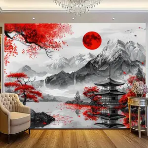 Japanese Landscape Wall Tapestry - Polyester Multipurpose Banner with Red Tree & Sun Motif -Universal Fit for Entryway, Room Decor - Ideal for Photography, Home Decor & Gift for Art Lovers Print Posters Decoration Decoration Decoration Bedroom Design