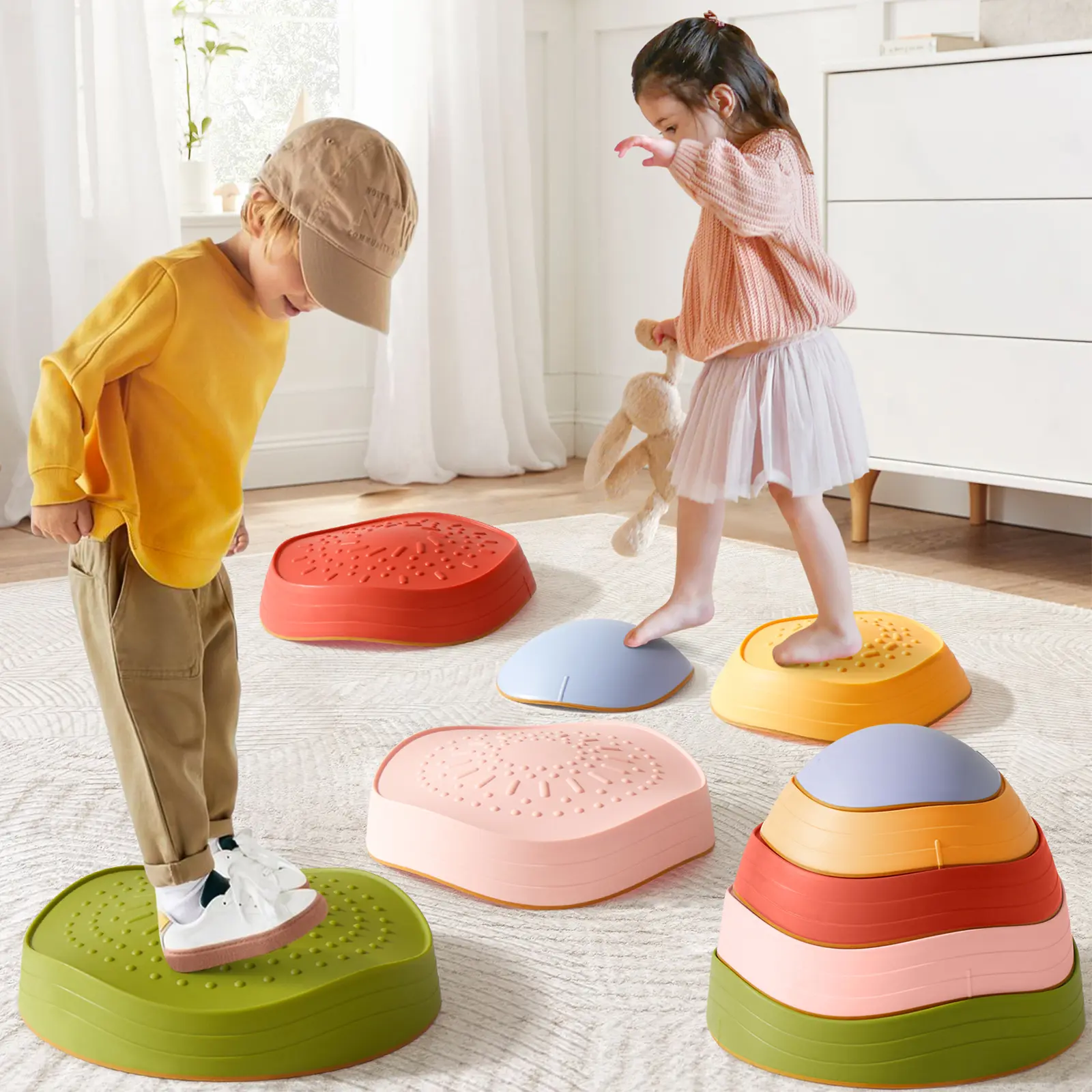 Tiny Land 5-Piece Stepping Stones for Kids, Non-Slip Balance Stones for Indoor & Outdoor Obstacle Courses