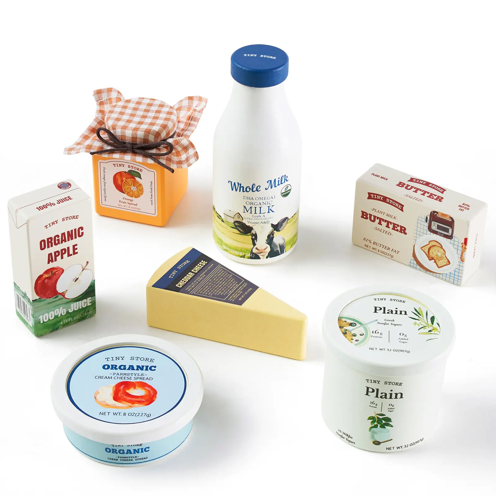Tiny Land 7-Piece Wooden Dairy Play Food Set for Kids, Milk, Cheese and Yogurt Grocery Toys