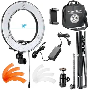 Mane TAME 18" Ring Light 2 Color Tiltable Adjustable Tripod Cell Phone Holder 55w 4800LM Luminous Flux 5500K Dimmable with Color Filters