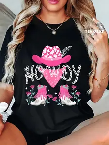 100% Cotton Howdy Pink Cowboy Hat Boots Country Western Rodeo for Women T-Shirt