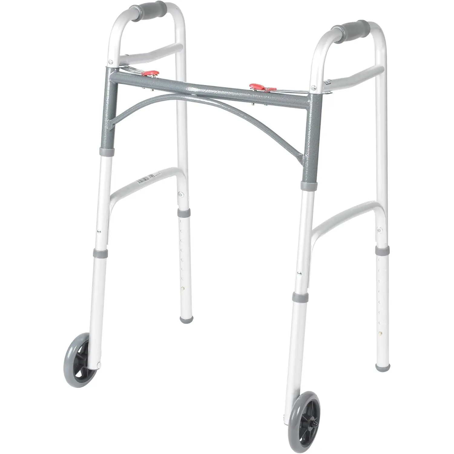 Drive Medical Foldable Walker with Wheels - Lightweight Rolling Mobility Support, Adjustable Height, 2-Push-Button Operation, 5 in Front Wheels, Durable Aluminum, Silver