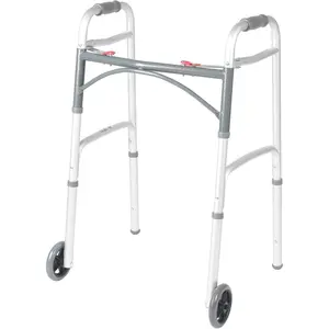 Drive Medical Foldable Walker with Wheels - Lightweight Rolling Mobility Support, Adjustable Height, 2-Push-Button Operation, 5 in Front Wheels, Durable Aluminum, Silver