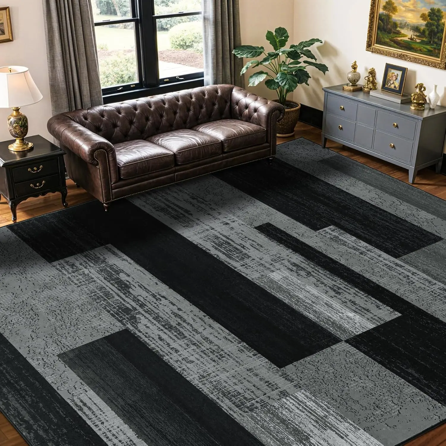 5x7 Anti-Dust Washable Area Rug, Vintage Checkered Non-Slip Low Pile Soft Carpet, Stain Resistant for Living Room, Bedroom, Dining Room, Anti-Dust Area Rugs