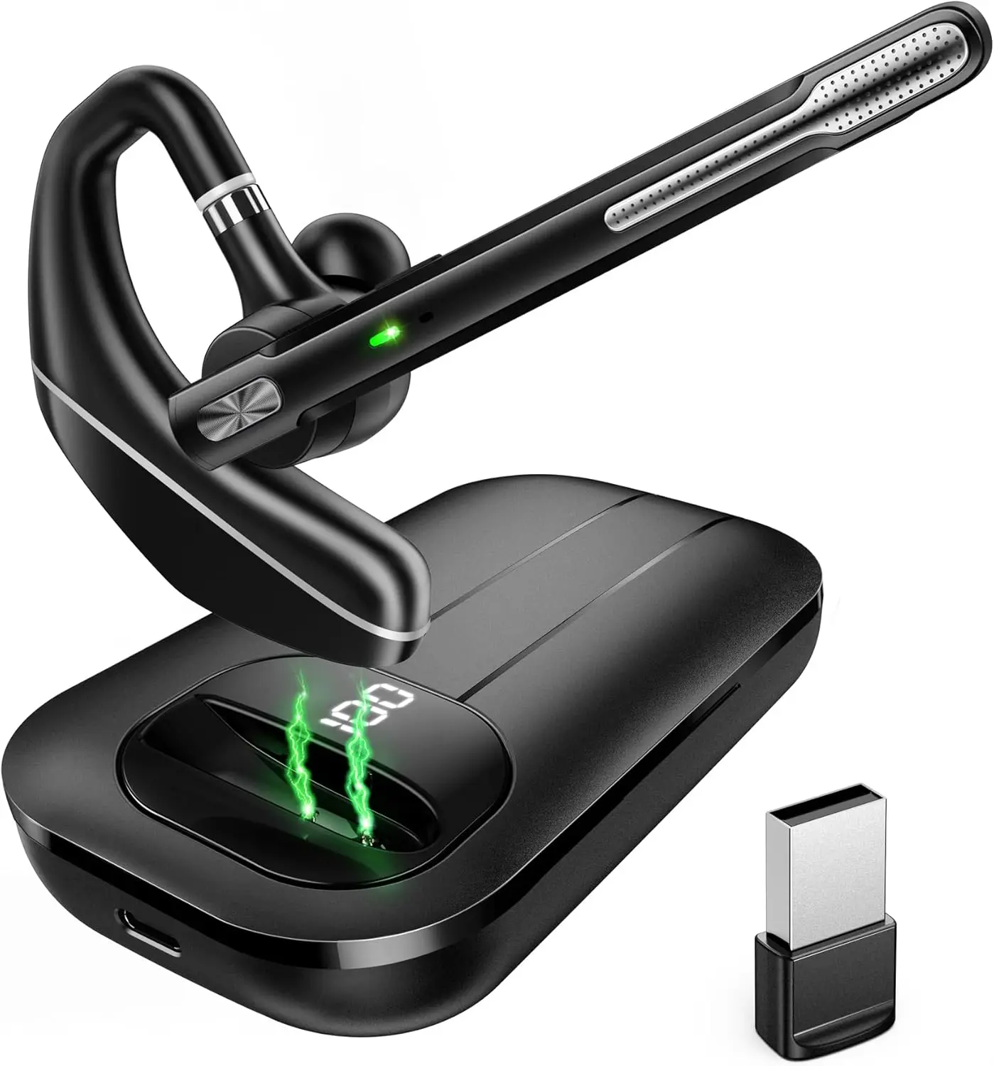 Headset V5.3,  Earpiece with 1000mAh  Case, 96H Talktime, Hands Free Noise Canceling Headphones with Dual-Mic for Computer Cell Phones Trucker  Office Work