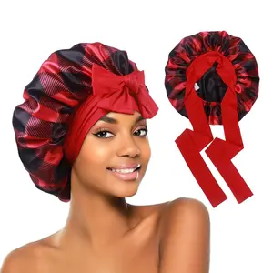 Oguel Beauty Double Layer Satin Sleep Bonnet Reversible Red Plaid Pattern Adjustable Tie Band 14 Inches Wide Unisex Comfortable Stylish Nightcap Haircare Heatless