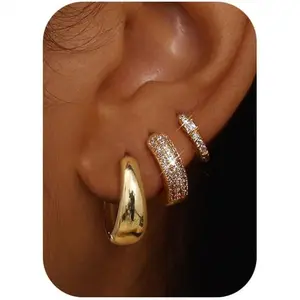 Small Chunky  Hoop Earrings for Women    Hoops for  Ears Non Tarnish 14K  Filled Huggie Hoop Earring Stacks for Multiple Piercing Lightweight 3Pairs