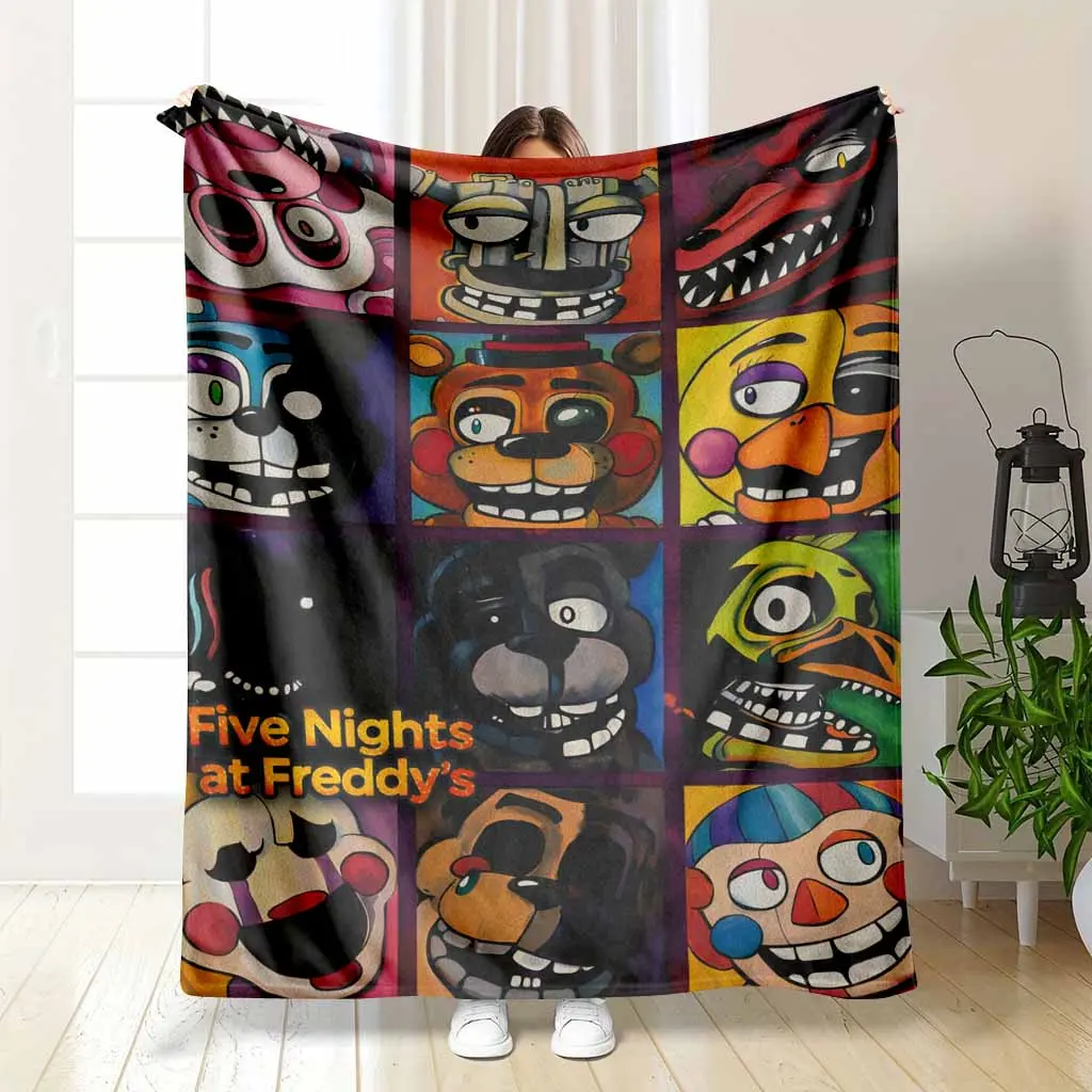 Five Nights at Freddy's Flannel Blanket FNAF Characters Grid Print Freddy Bonnie Chica Mangle Puppet Balloon Boy Pop Art Horror Game Style Soft Warm Fuzzy Throw Perfect for Gamer Room Bedroom Dorm Gift for Kids summerwins