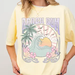 Graphic Beach Bum Retro Palm T-shirt, Casual Oversized Cotton Shirt for the Beach Comfort Fabric Top Womenswear Unisex Women Lady Tshirt