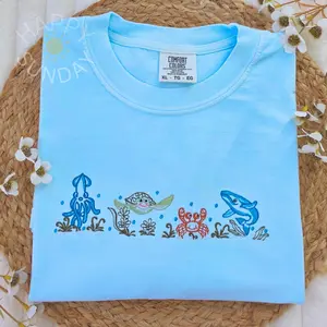 Sea Animals Embroidered Shirt, Beach Lover Shirt, Summer Embroidered Shirt, trendy Summer tee, Ocean Lovers Shirt, Sea Animals Tee