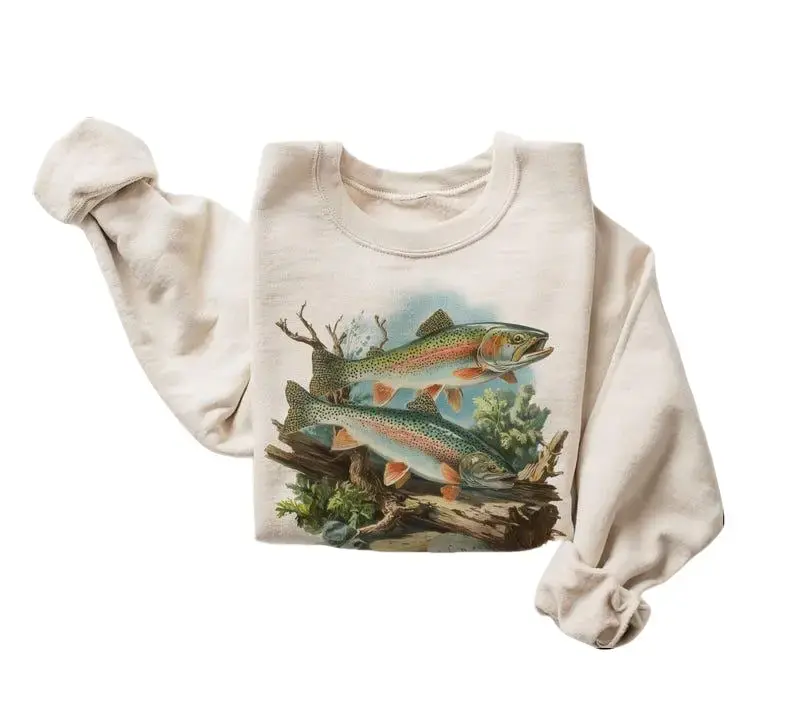 Women's Retro Rainbow Trout Underwater Scene Pullover Sweatshirt - Boho Unisex Crewneck, Fly Fishing Gift, River Habitat Outfit