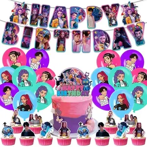 K-Pop Devil Hunter party balloon decorations include Happy Birthday banner backdrops, cake decorations, and cupcake decorations.