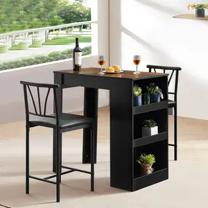 VECELO Modern 3-Piece Counter Height Dining Table Set with 3-Tier Built-in Storage Shelves and 2 High-Back Metal Bar Stools for Small Spaces, Industrial Kitchen Island Set