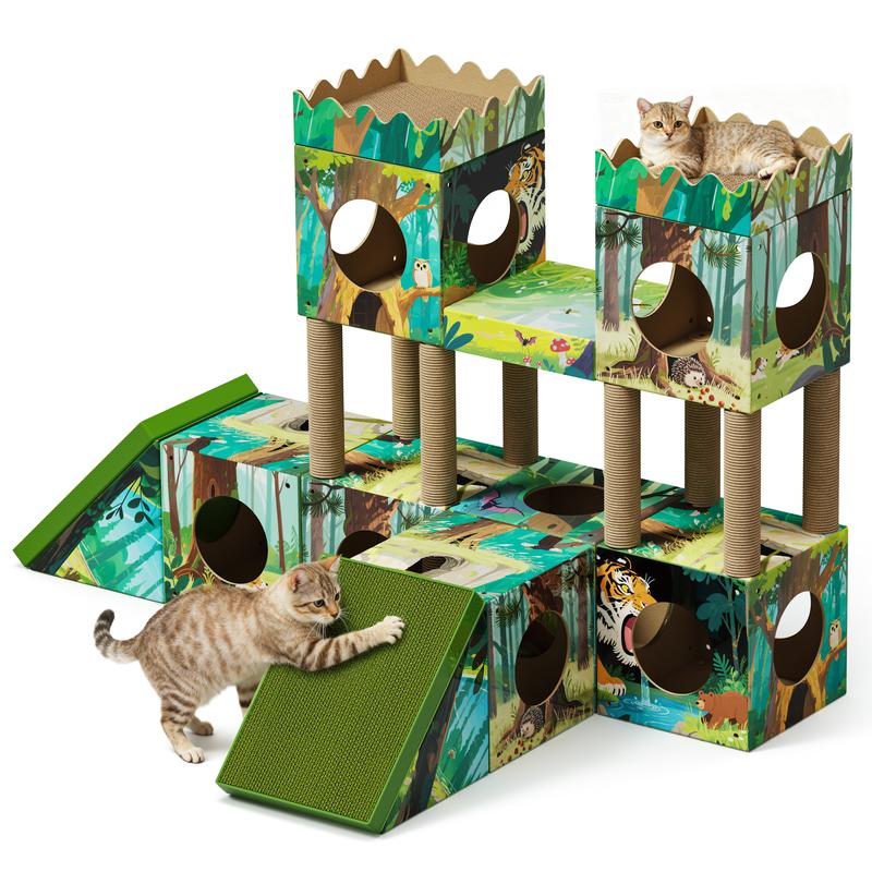 PalNests Cardboard Cat Tree 3-in-1 Multi-Level Tower with Scratching Posts & Tunnel for Kittens & Medium Cats DIY Recyclable